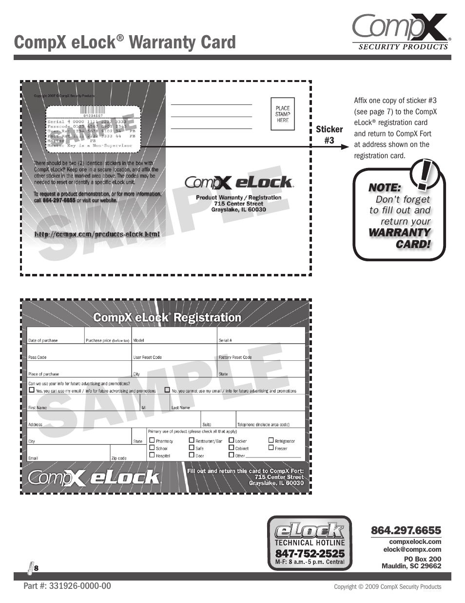 Sample, Compx elock, Warranty card | CompX eLock Numeric Keypad Quick Programming Guide User Manual | Page 8 / 8