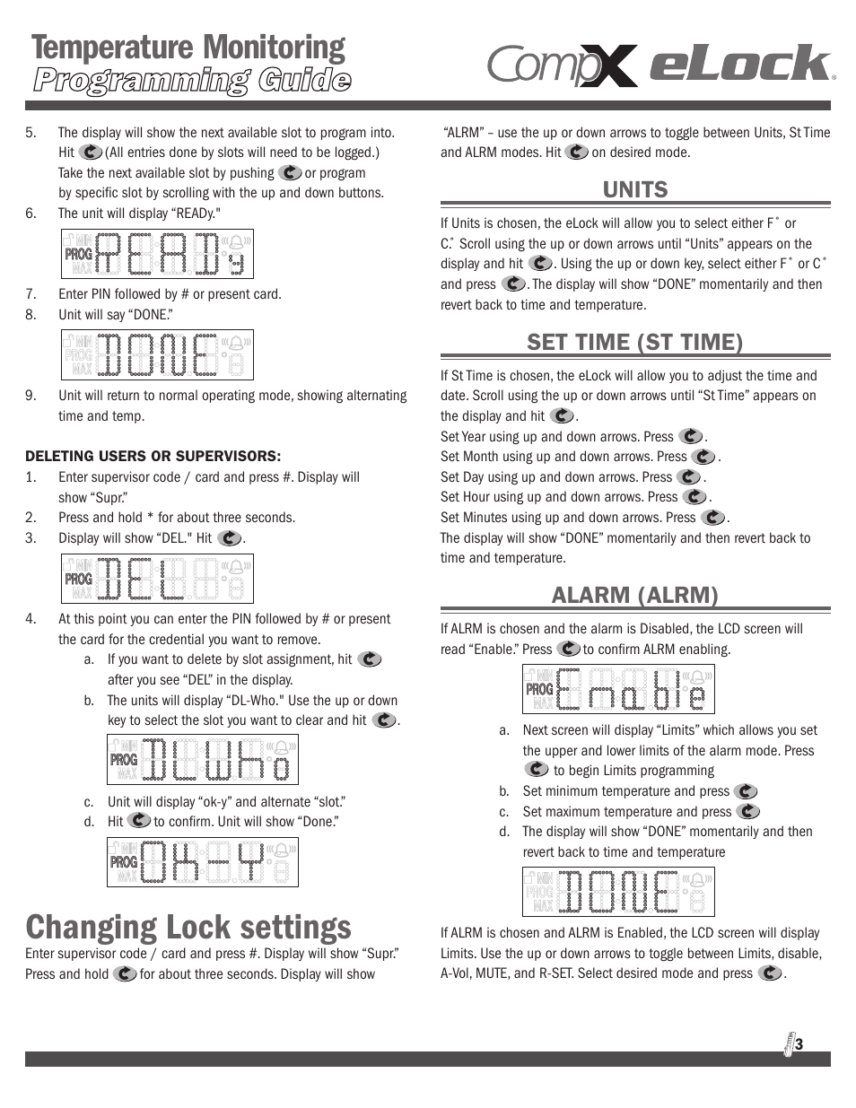 Temperature monitoring, Changing lock settings, Units | Set time (st time), Alarm (alrm) | CompX eLock Temperature Monitoring Programming User Manual | Page 3 / 10