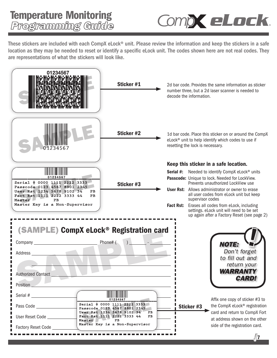 Sample, Temperature monitoring, Sample) compx elock® registration card | CompX eLock Temperature Monitoring Programming User Manual | Page 7 / 10