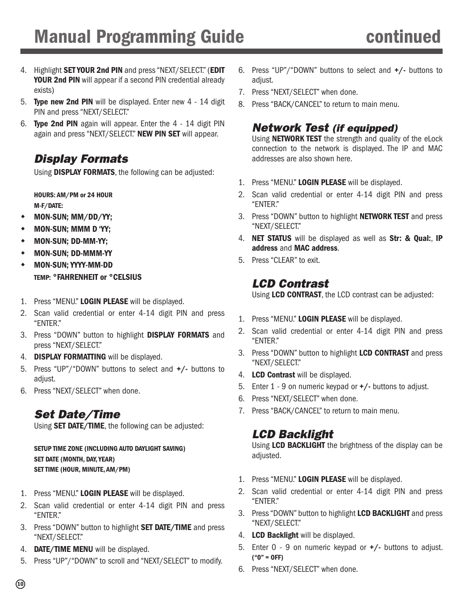 Manual programming guide continued, Display formats, Set date/time | Network test, Lcd contrast, Lcd backlight | CompX eLock Network Fridge User Manual | Page 10 / 16