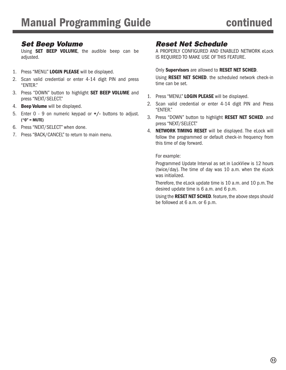 Manual programming guide continued, Set beep volume, Reset net schedule | CompX eLock Network Fridge User Manual | Page 11 / 16