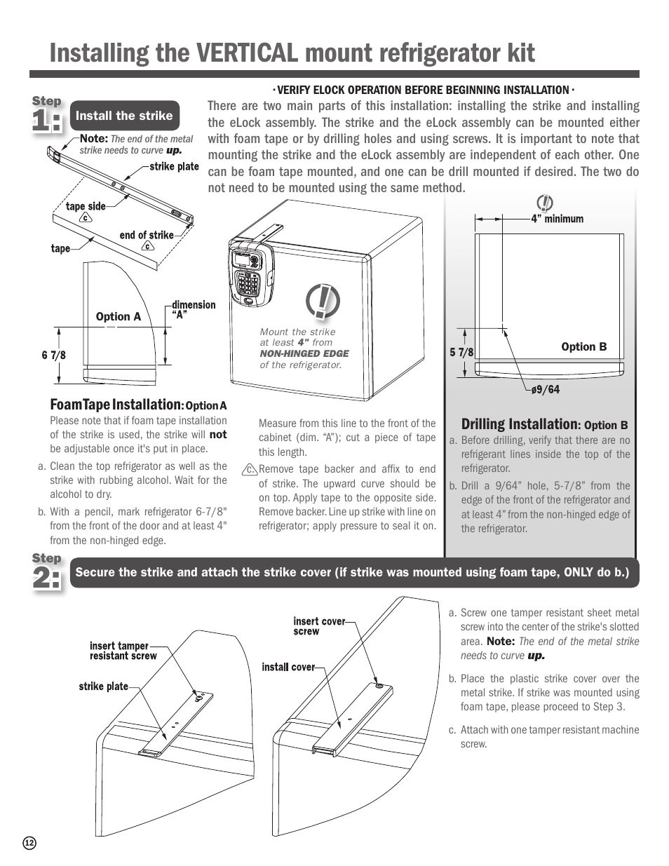 Installing the vertical mount refrigerator kit, Foam tape installation, Drilling installation | CompX eLock Network Fridge User Manual | Page 12 / 16
