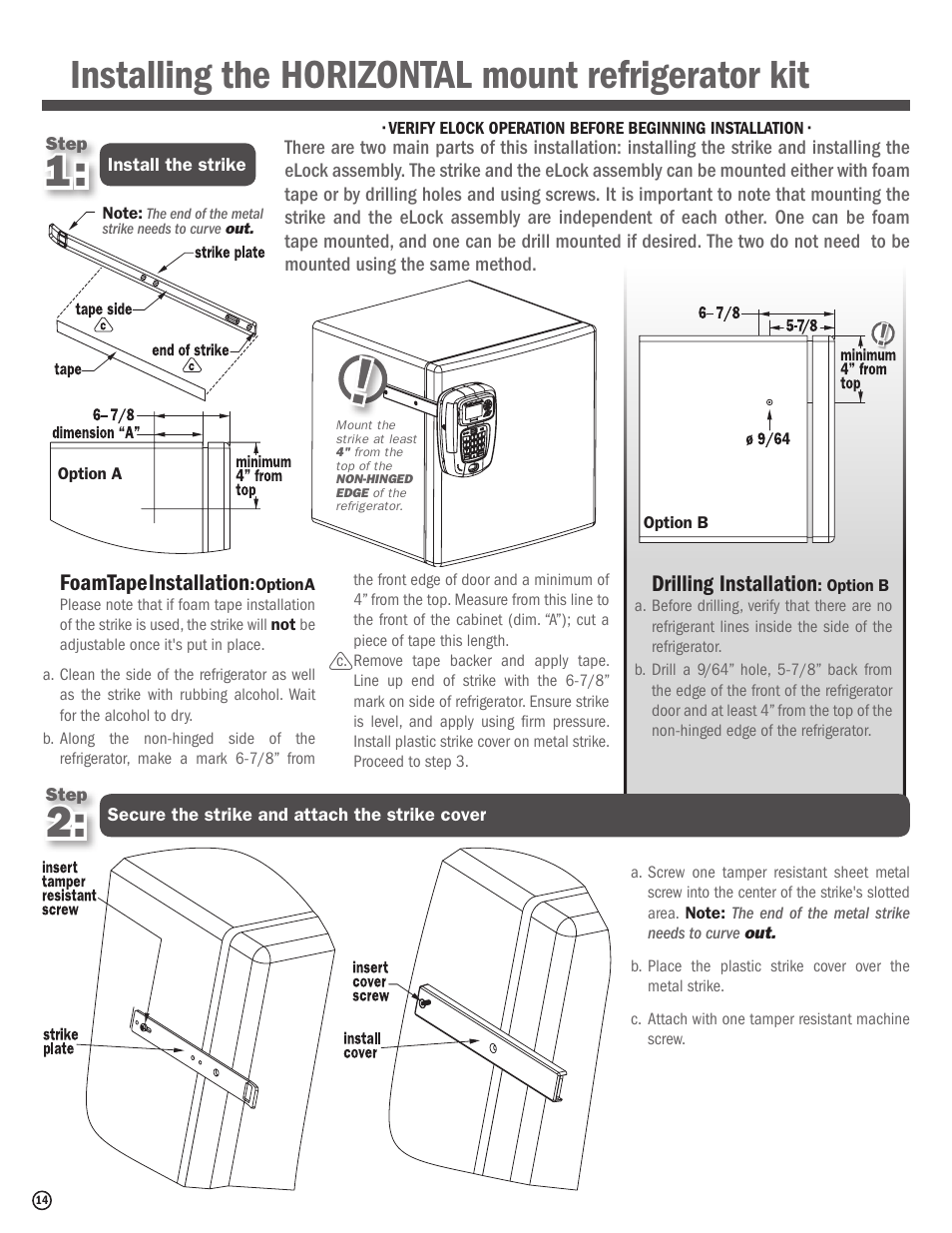 Installing the horizontal mount refrigerator kit, Foam tape installation, Drilling installation | CompX eLock Network Fridge User Manual | Page 14 / 16