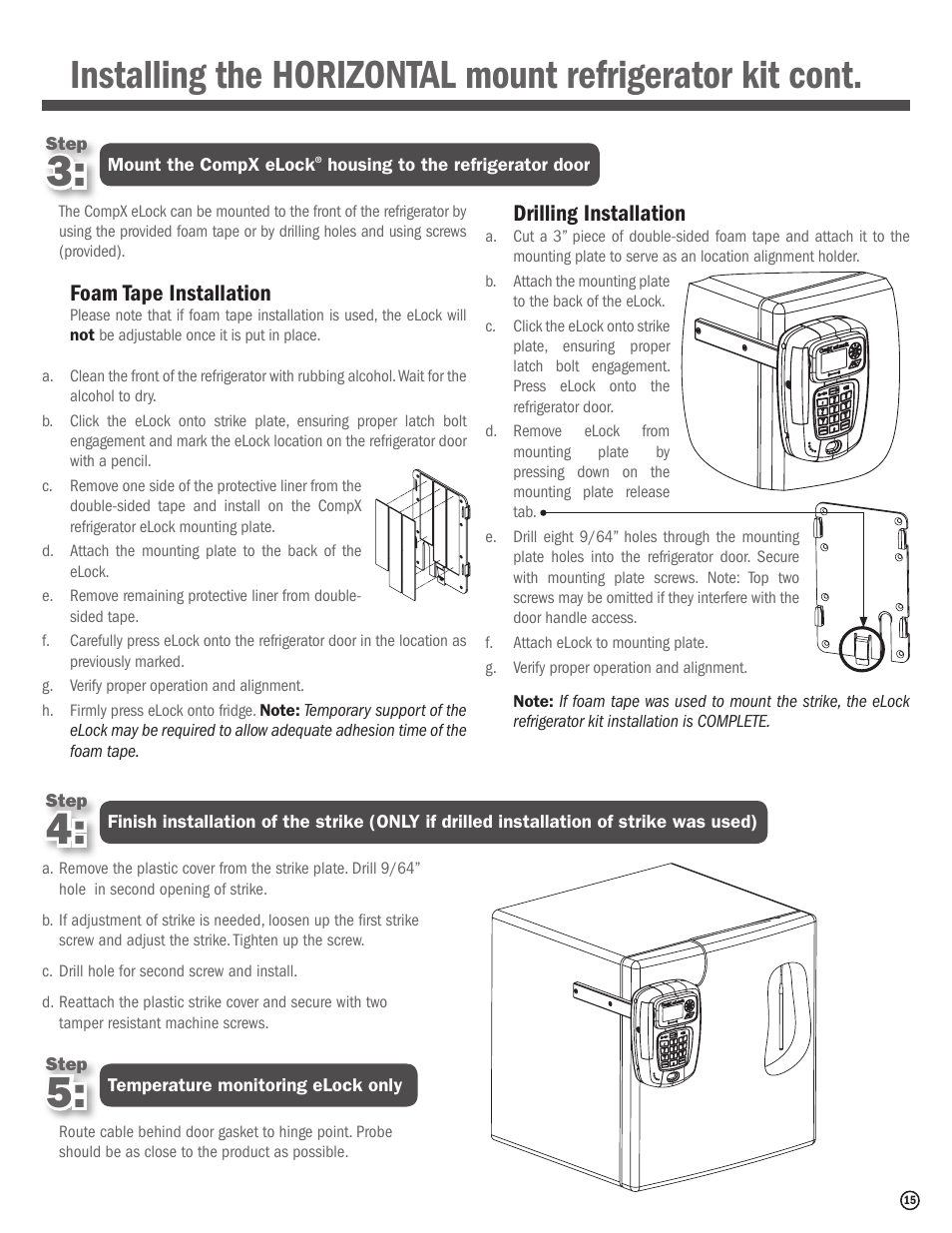 Foam tape installation, Drilling installation | CompX eLock Network Fridge User Manual | Page 15 / 16