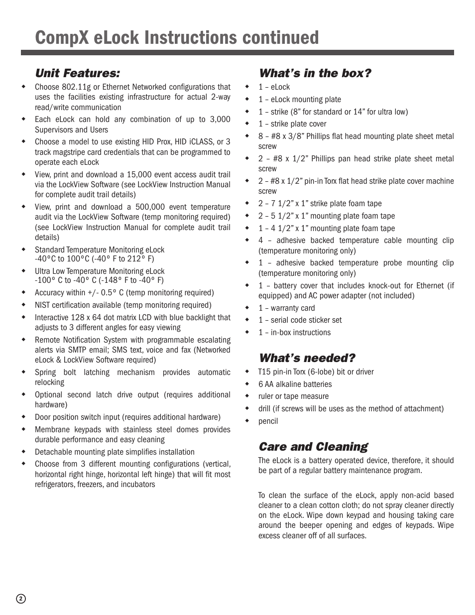 Compx elock instructions continued, Unit features, What’s in the box | What’s needed, Care and cleaning | CompX eLock Network Fridge User Manual | Page 2 / 16