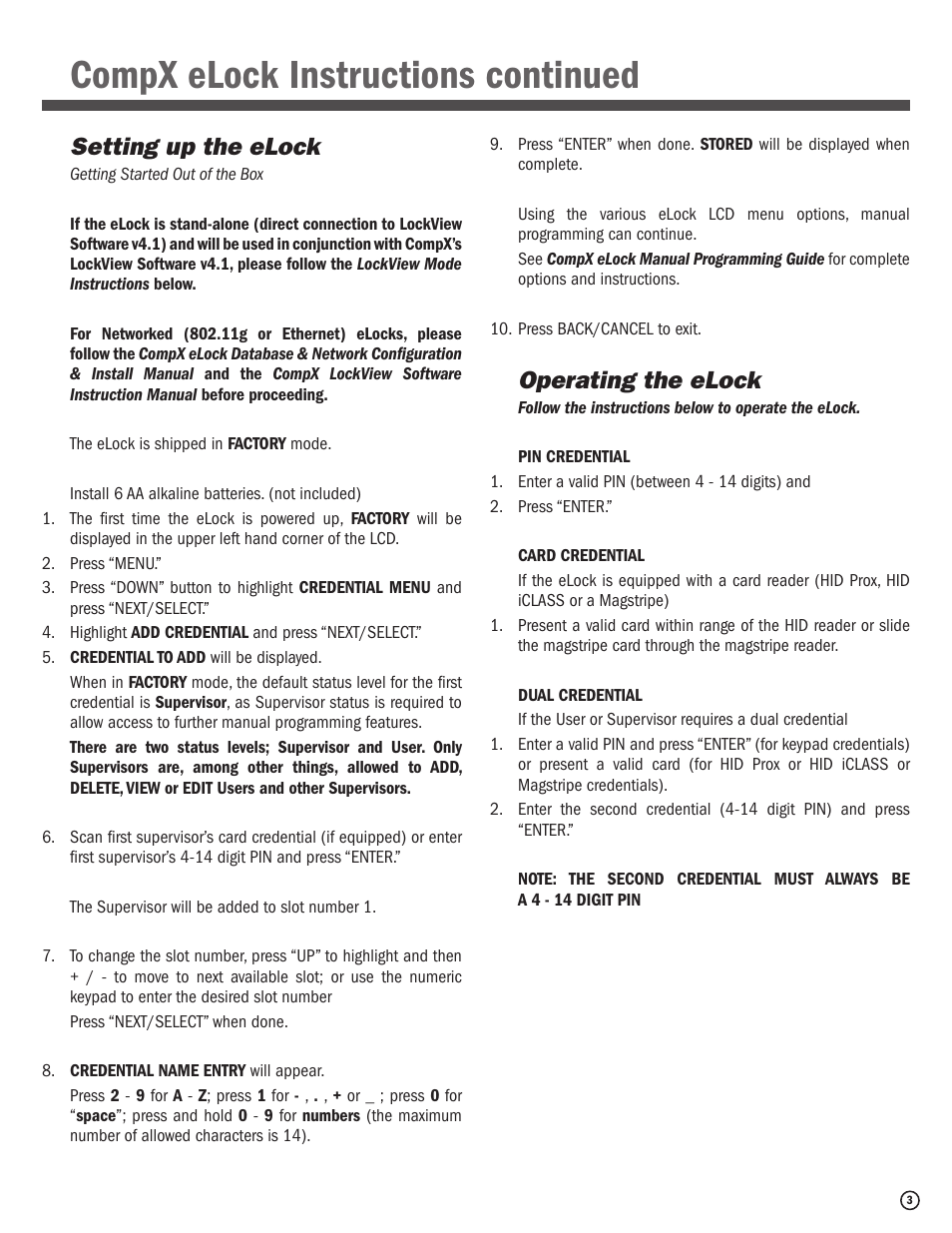 Compx elock instructions continued, Setting up the elock, Operating the elock | CompX eLock Network Fridge User Manual | Page 3 / 16