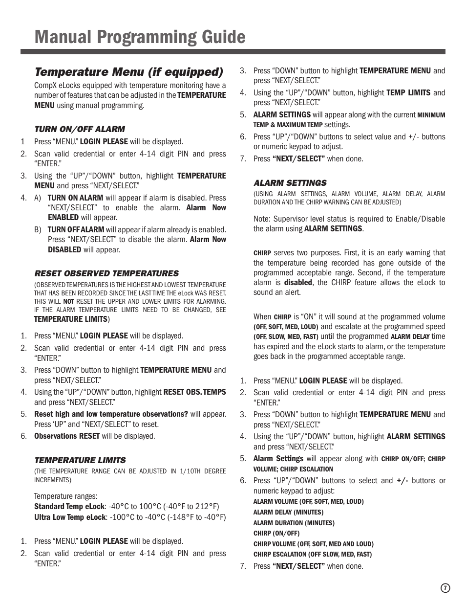 Manual programming guide, Temperature menu (if equipped) | CompX eLock Network Fridge User Manual | Page 7 / 16