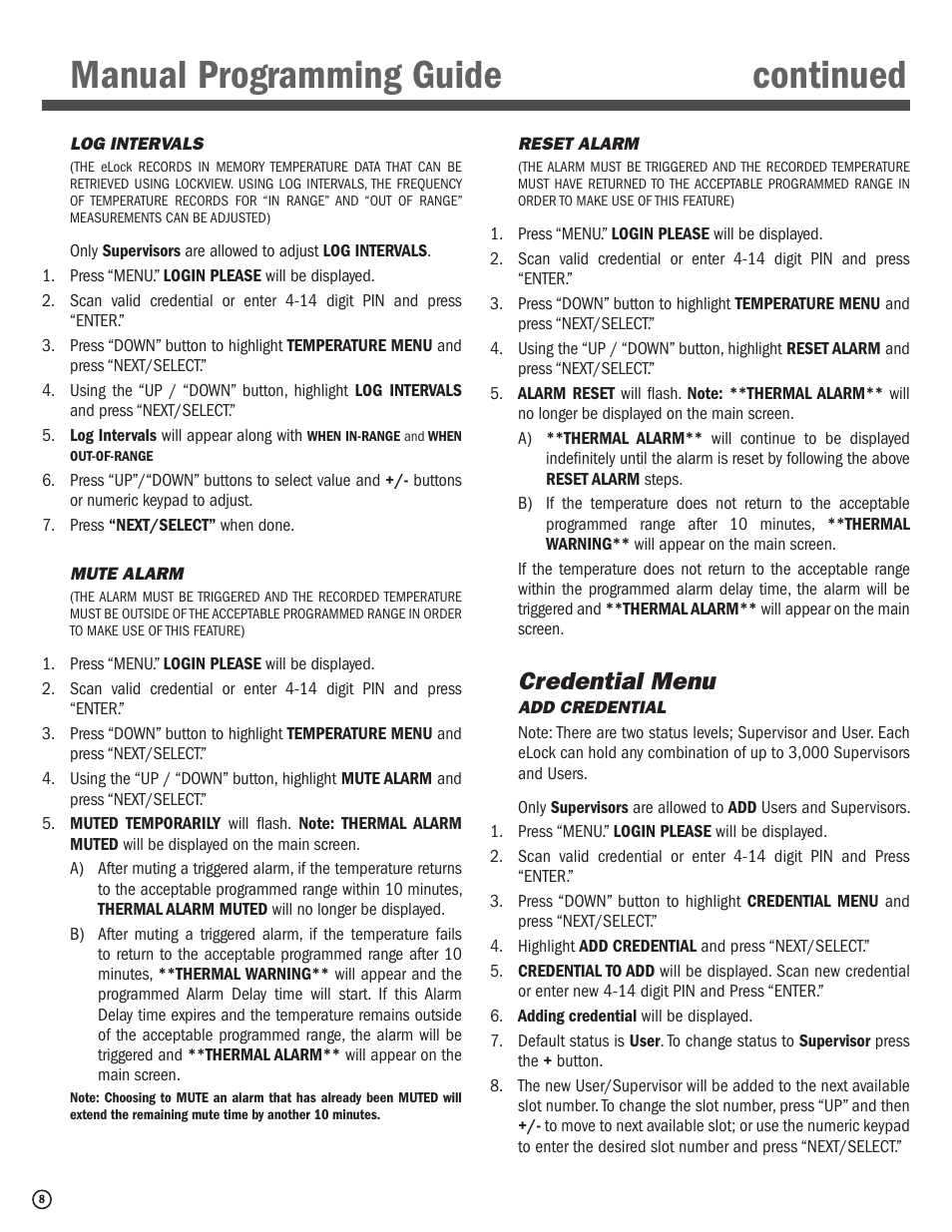 Manual programming guide continued, Credential menu | CompX eLock Network Fridge User Manual | Page 8 / 16