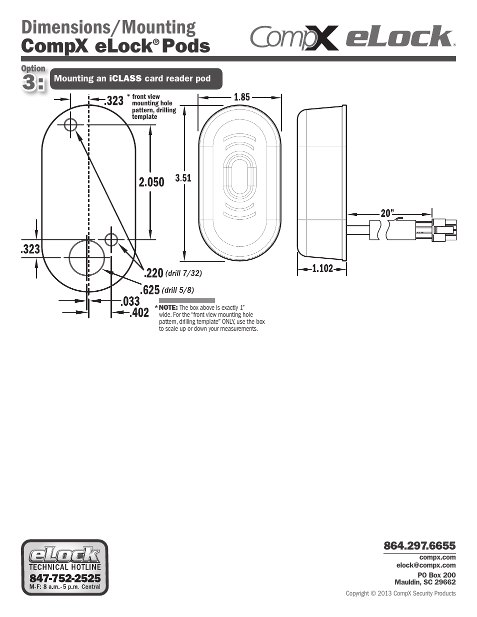 Dimensions/mounting compx elock, Pods | CompX eLock Mounting Pod User Manual | Page 2 / 2