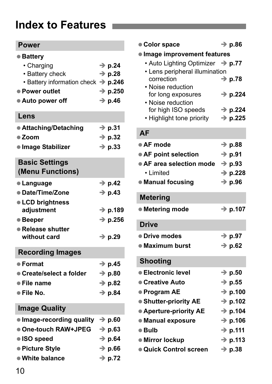 Index to features | Canon EOS 7D User Manual | Page 10 / 292