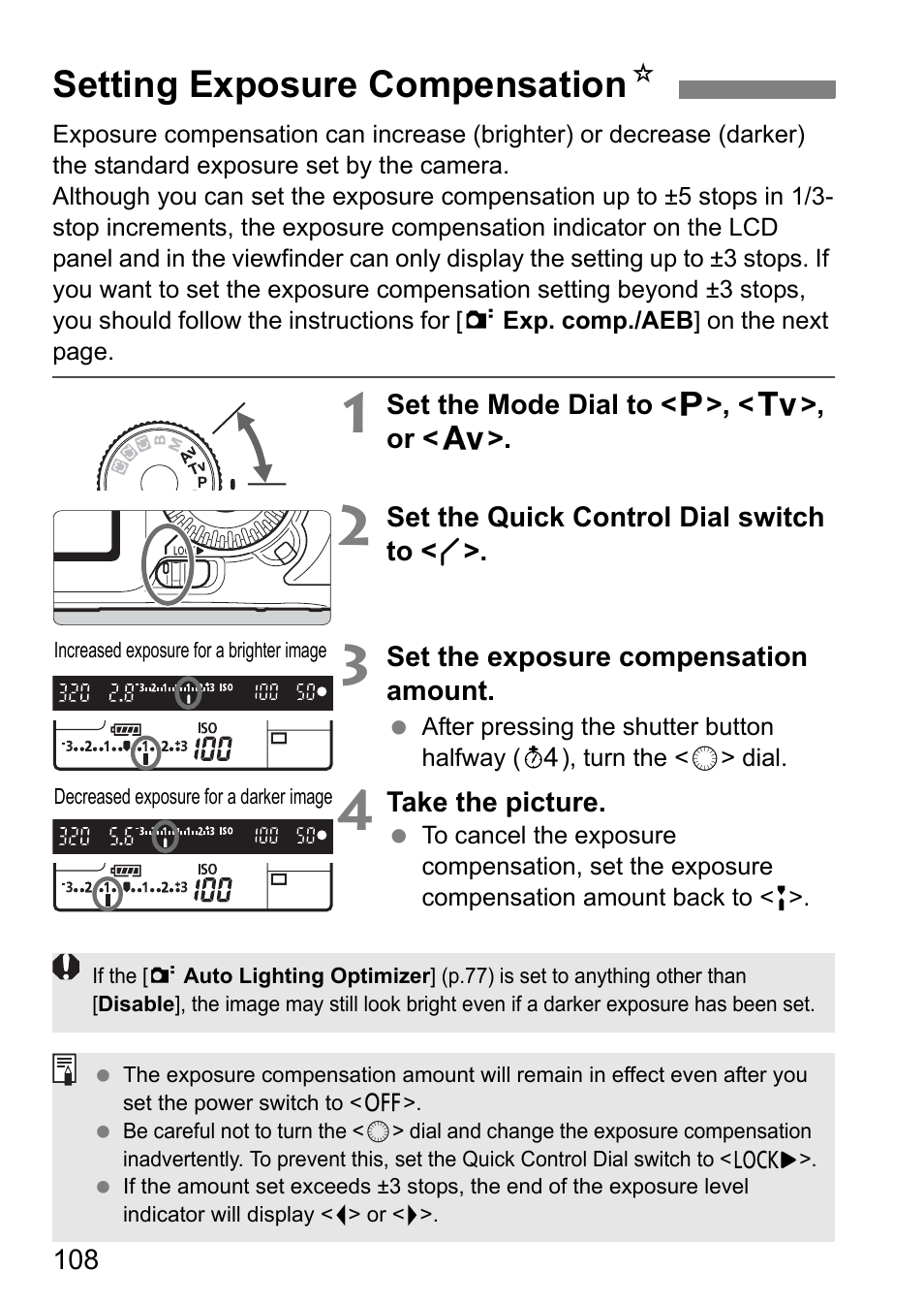Setting exposure compensation n | Canon EOS 7D User Manual | Page 108 / 292