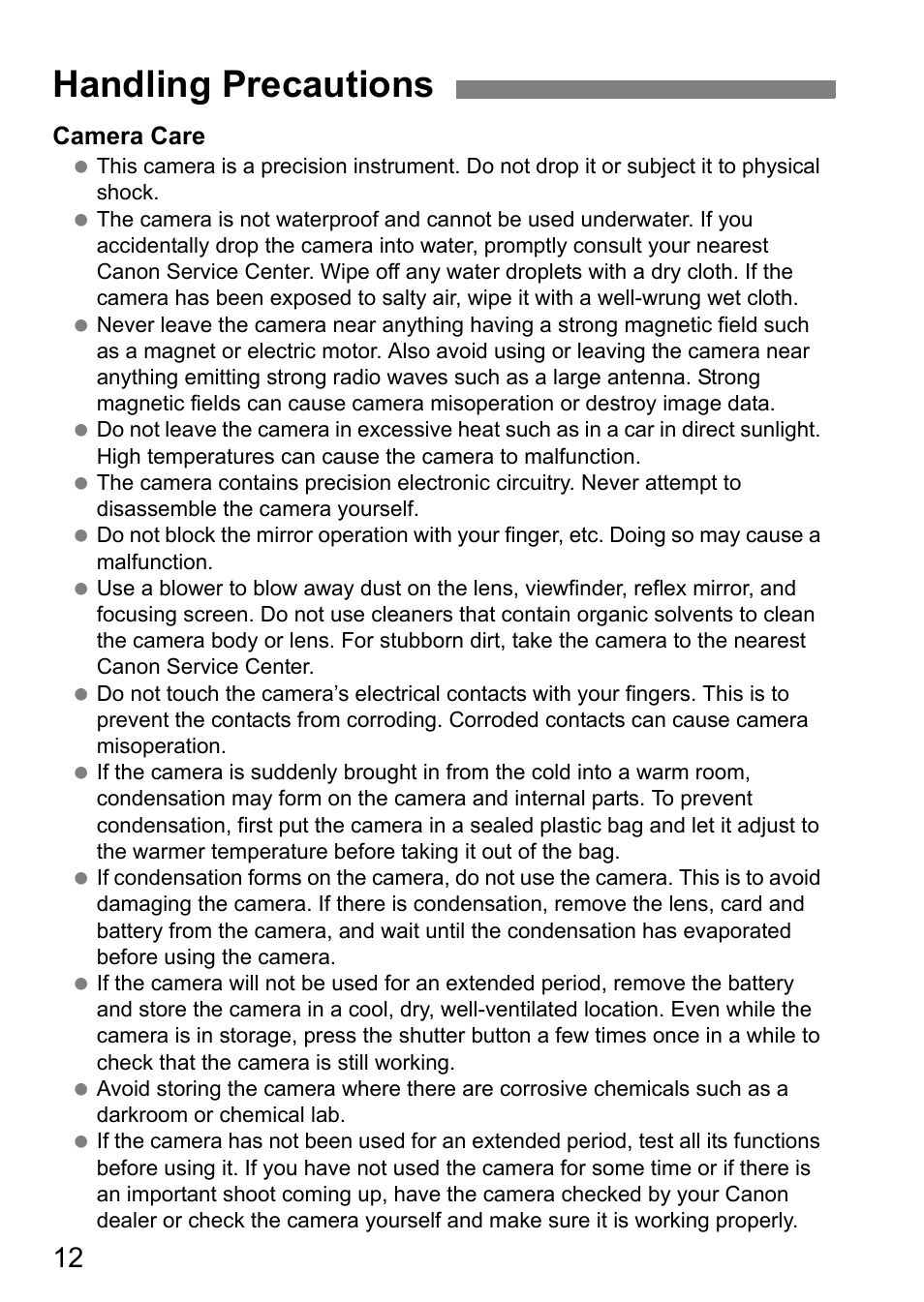 Handling precautions | Canon EOS 7D User Manual | Page 12 / 292