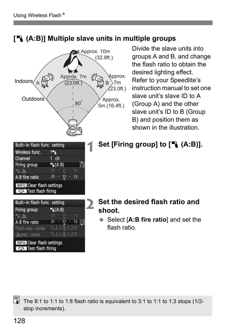 1 (a:b)] multiple slave units in multiple groups, Set [firing group] to [ 1 (a:b), Set the desired flash ratio and shoot | Canon EOS 7D User Manual | Page 128 / 292