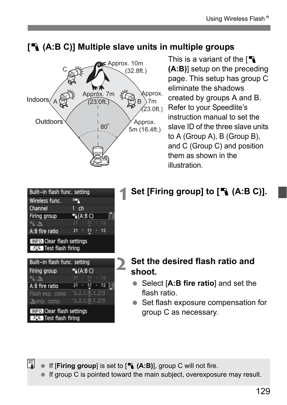 1 (a:b c)] multiple slave units in multiple groups, Set [firing group] to [ 1 (a:b c), Set the desired flash ratio and shoot | Canon EOS 7D User Manual | Page 129 / 292