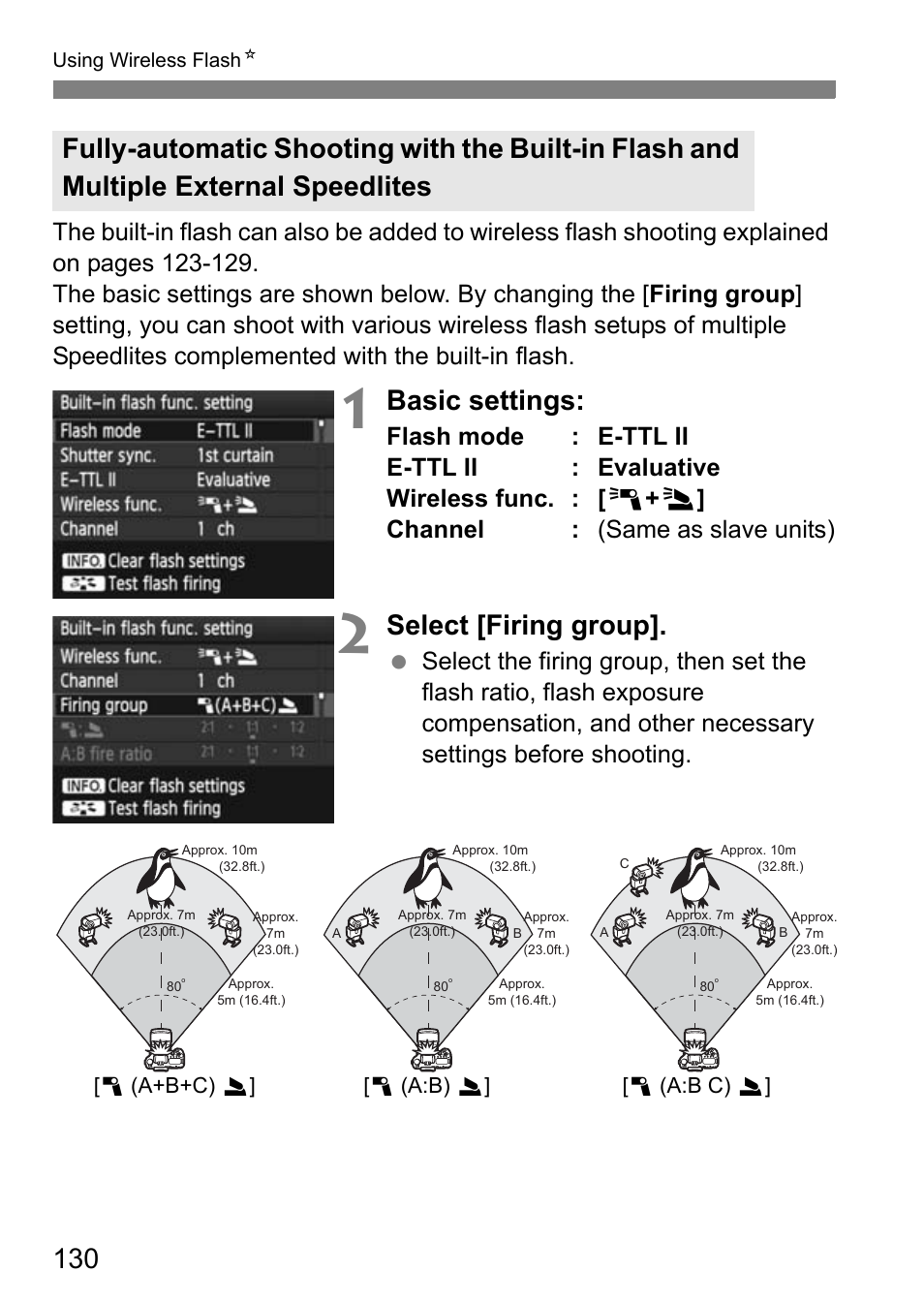 Basic settings, Select [firing group | Canon EOS 7D User Manual | Page 130 / 292