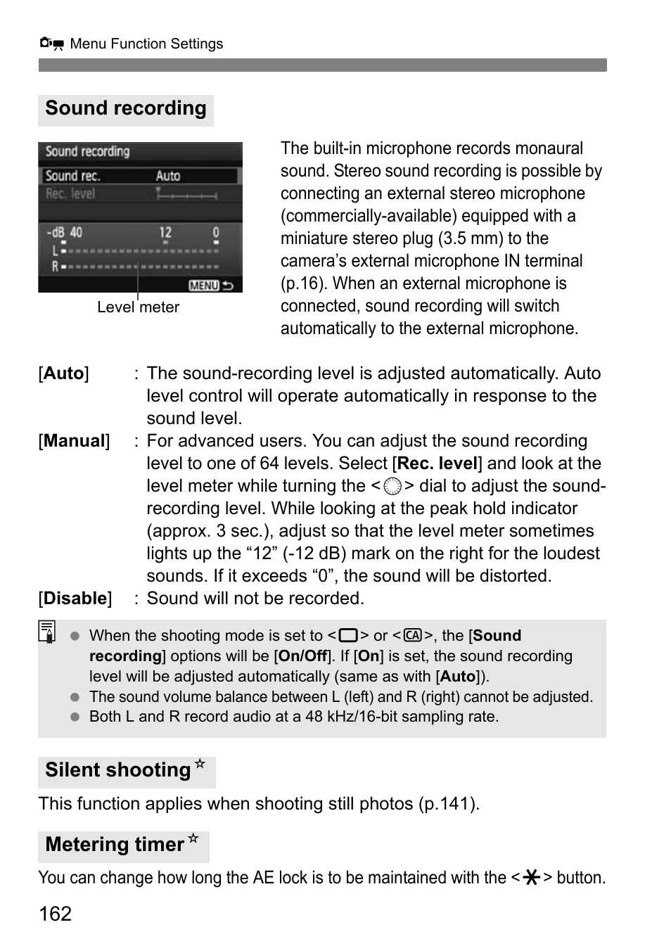 Sound recording silent shooting n metering timer n | Canon EOS 7D User Manual | Page 162 / 292