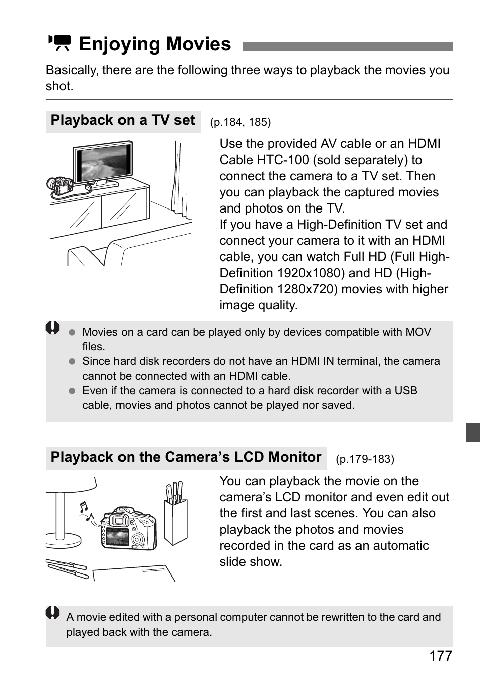 K enjoying movies, Playback on a tv set, Playback on the camera’s lcd monitor | Canon EOS 7D User Manual | Page 177 / 292