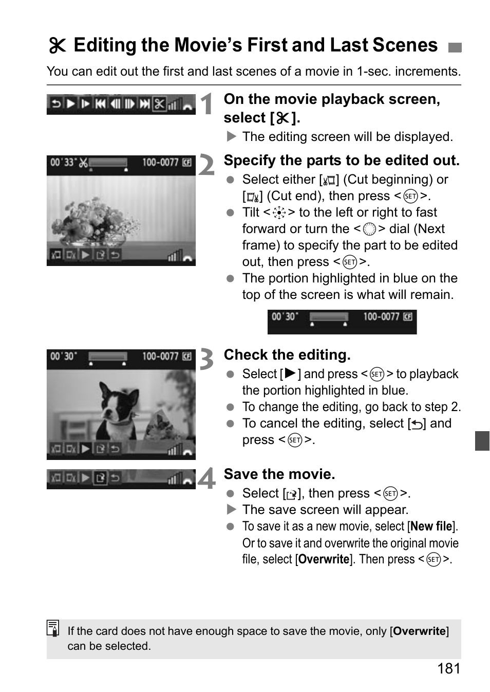 X editing the movie’s first and last scenes | Canon EOS 7D User Manual | Page 181 / 292