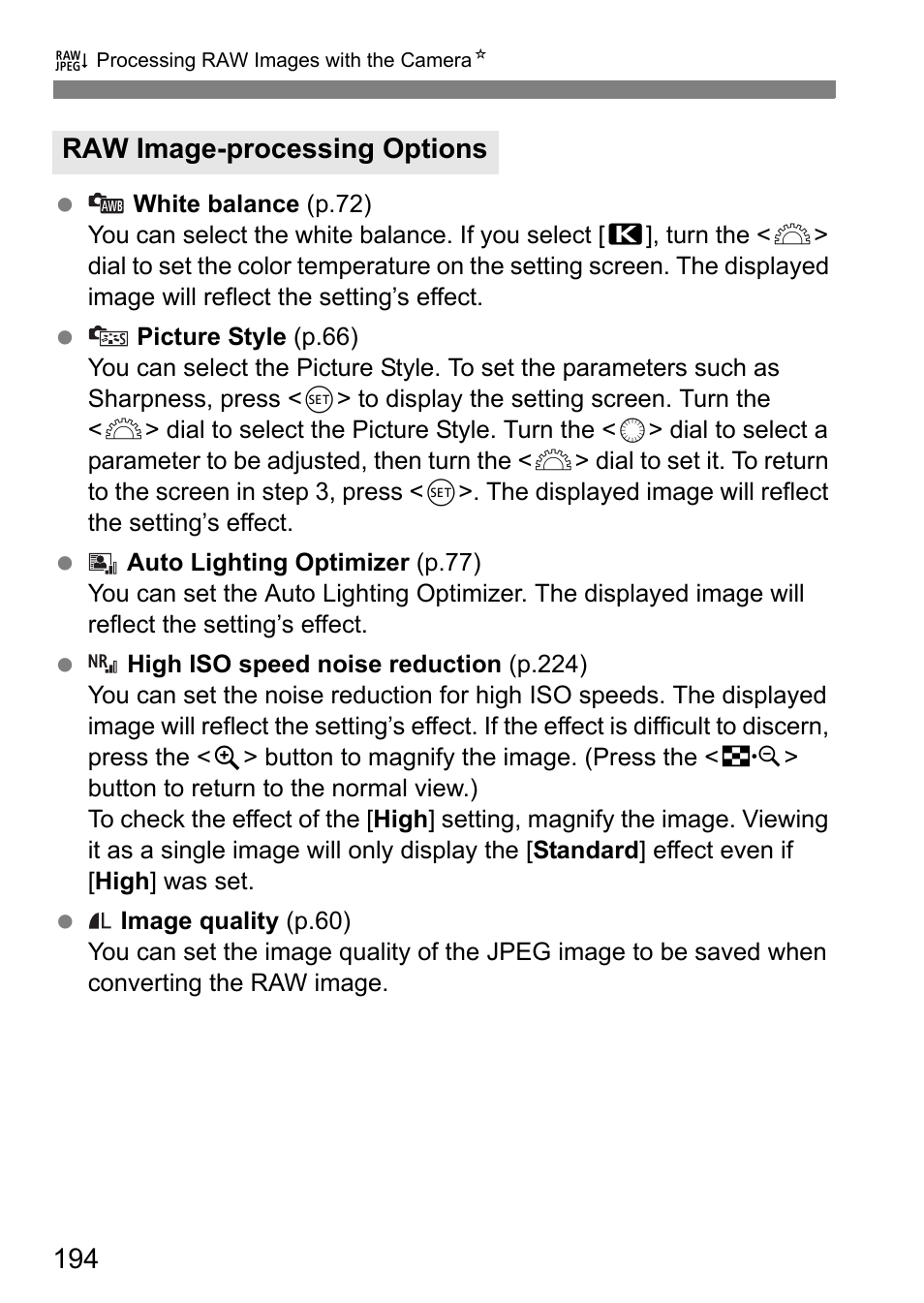 Raw image-processing options | Canon EOS 7D User Manual | Page 194 / 292