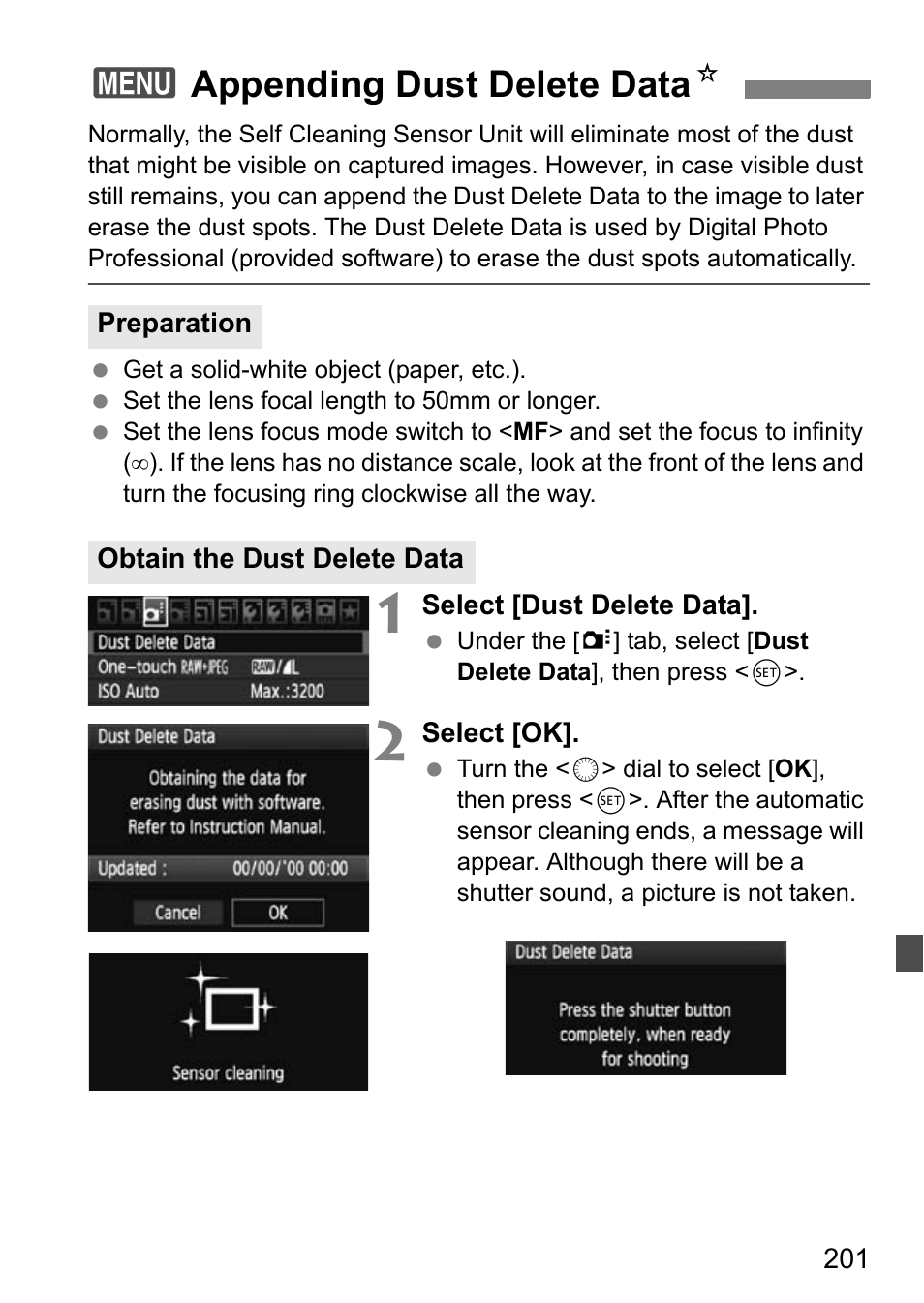 3appending dust delete data n | Canon EOS 7D User Manual | Page 201 / 292