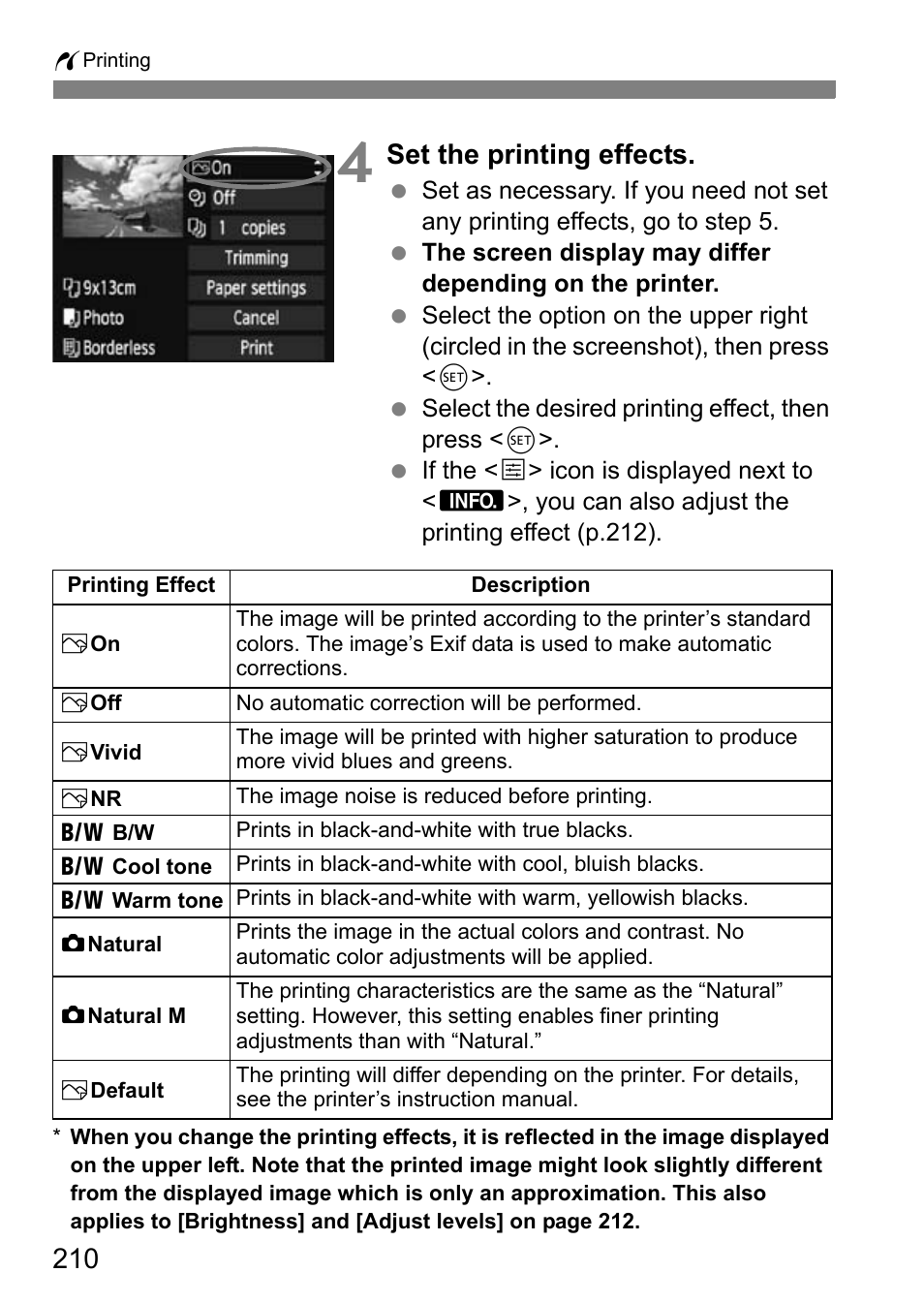 Set the printing effects | Canon EOS 7D User Manual | Page 210 / 292