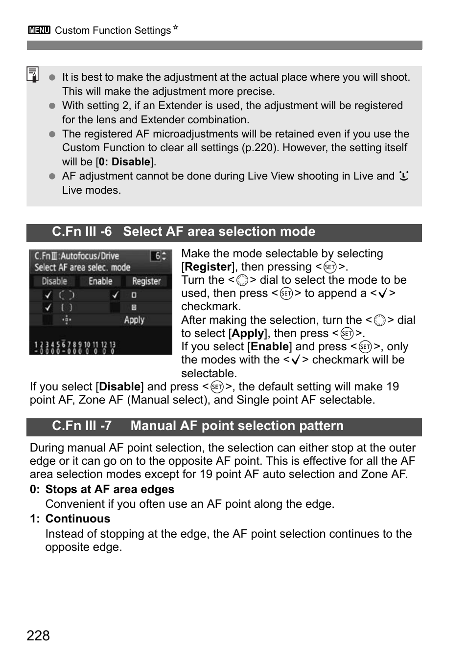 C.fn iii -6 select af area selection mode, C.fn iii -7 manual af point selection pattern | Canon EOS 7D User Manual | Page 228 / 292