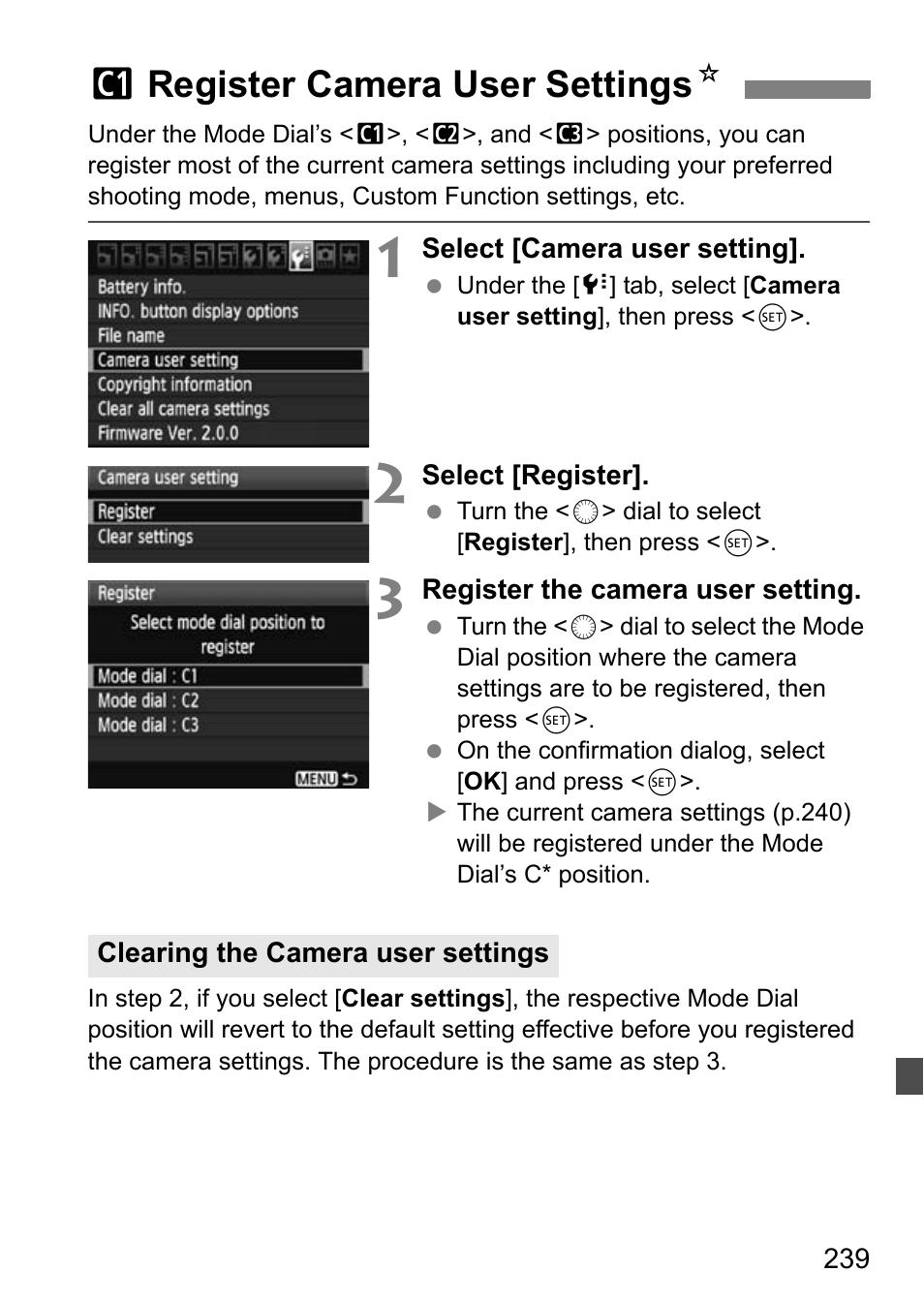 Wregister camera user settings n | Canon EOS 7D User Manual | Page 239 / 292