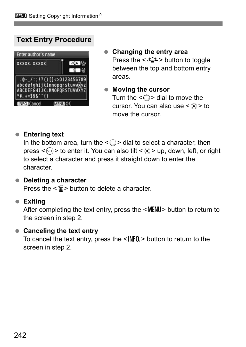 Text entry procedure | Canon EOS 7D User Manual | Page 242 / 292