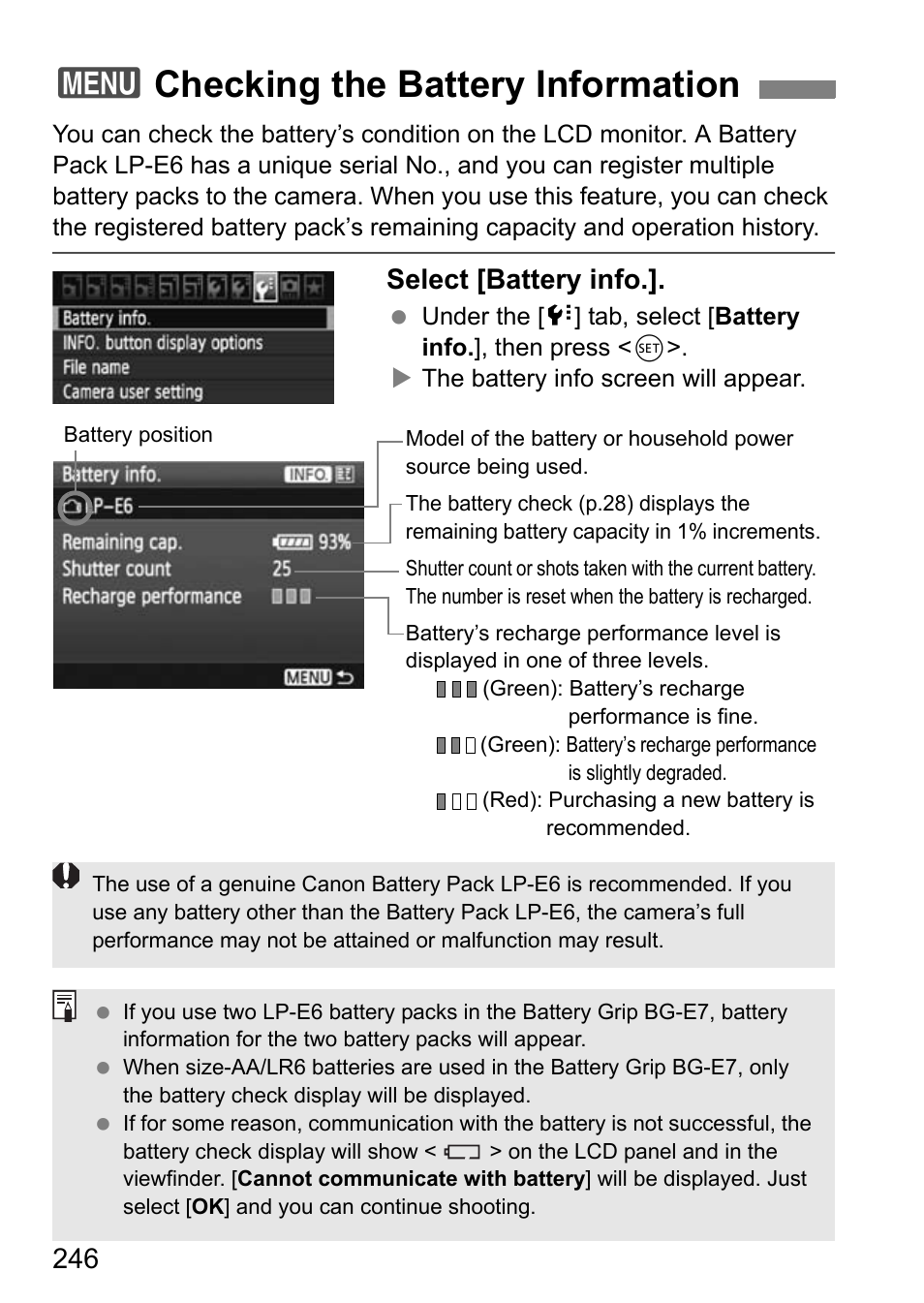 3checking the battery information, Select [battery info | Canon EOS 7D User Manual | Page 246 / 292