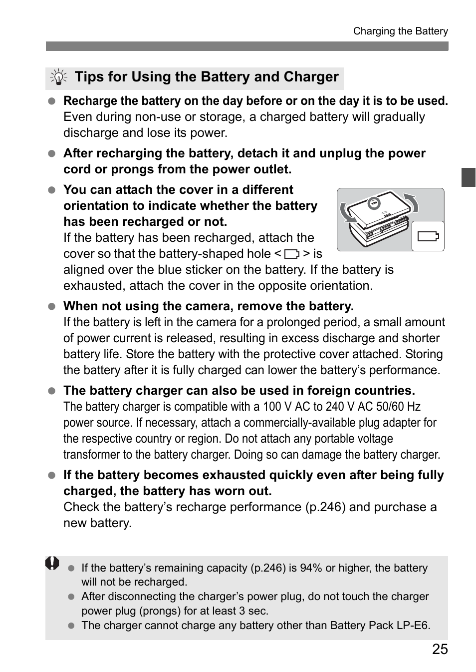 Tips for using the battery and charger | Canon EOS 7D User Manual | Page 25 / 292