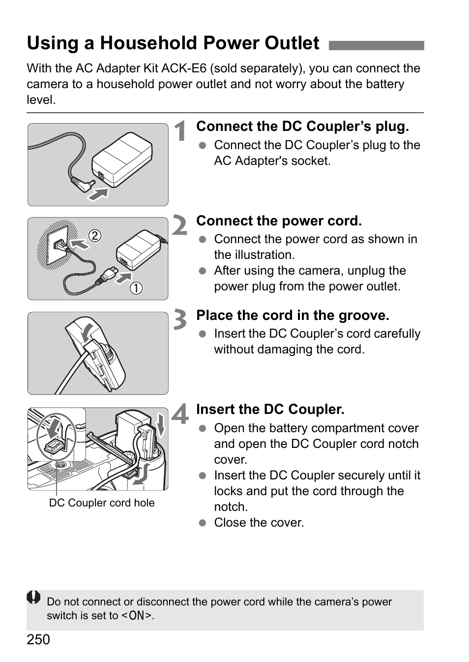 Using a household power outlet | Canon EOS 7D User Manual | Page 250 / 292