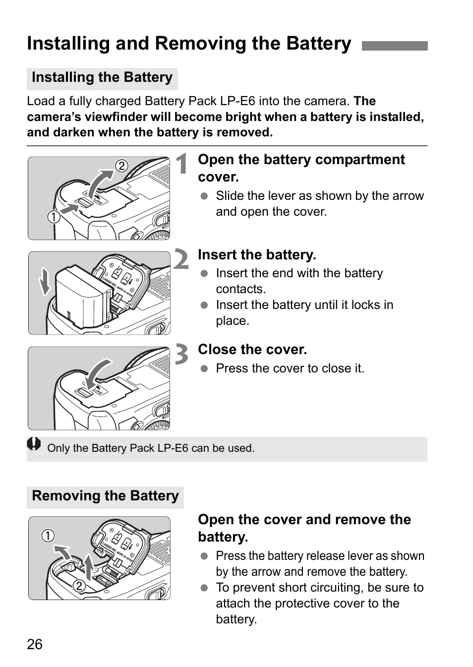 Installing and removing the battery | Canon EOS 7D User Manual | Page 26 / 292