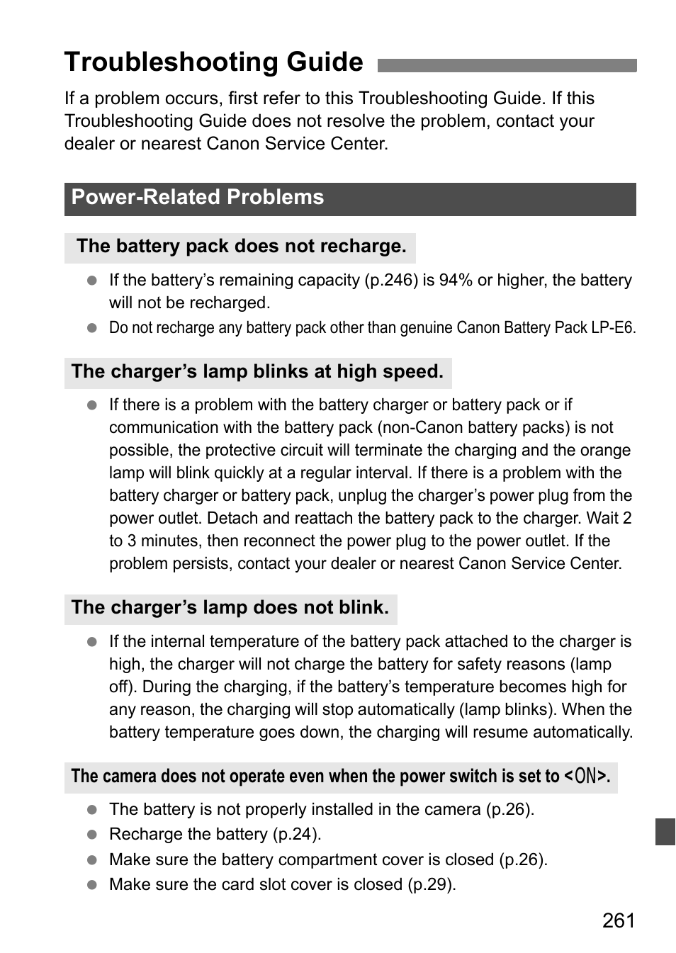 Troubleshooting guide, Power-related problems | Canon EOS 7D User Manual | Page 261 / 292