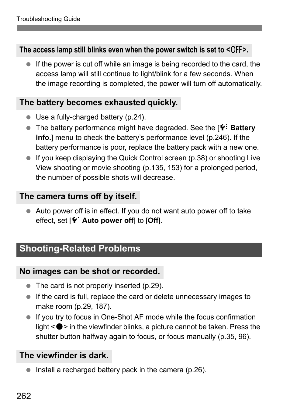 Shooting-related problems | Canon EOS 7D User Manual | Page 262 / 292