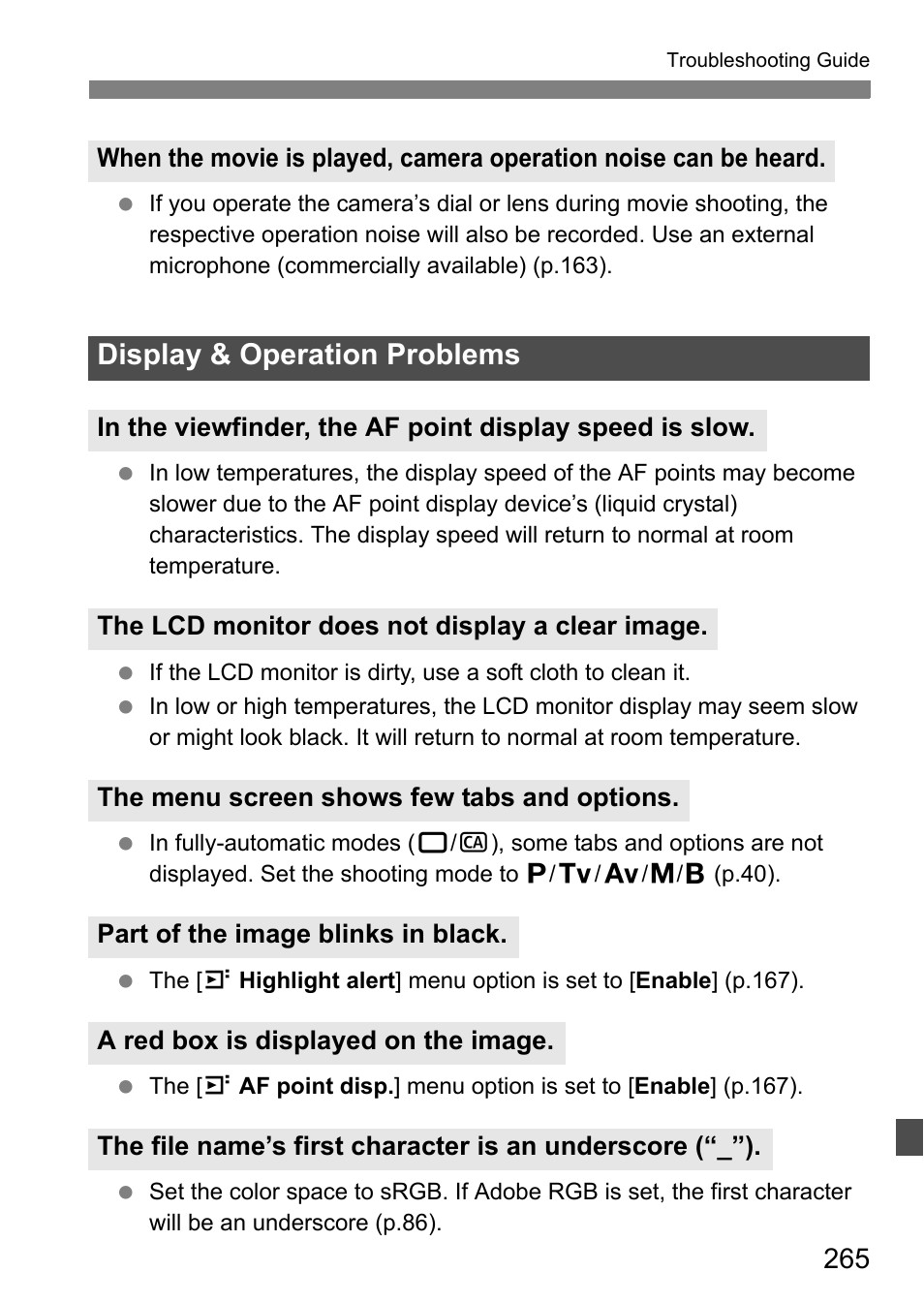 Display & operation problems | Canon EOS 7D User Manual | Page 265 / 292