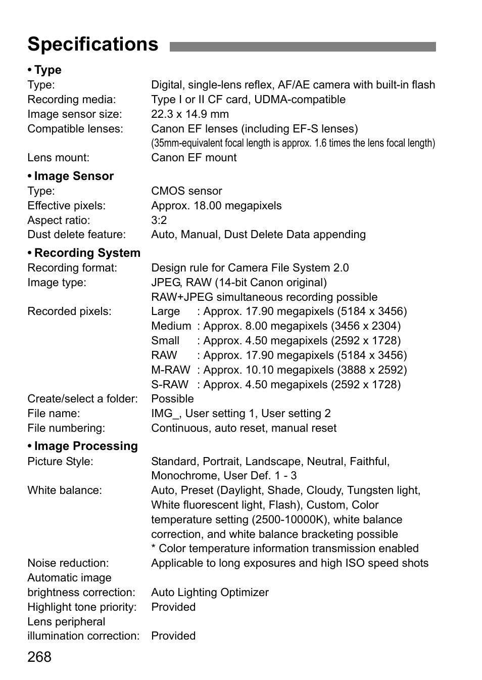 Specifications | Canon EOS 7D User Manual | Page 268 / 292