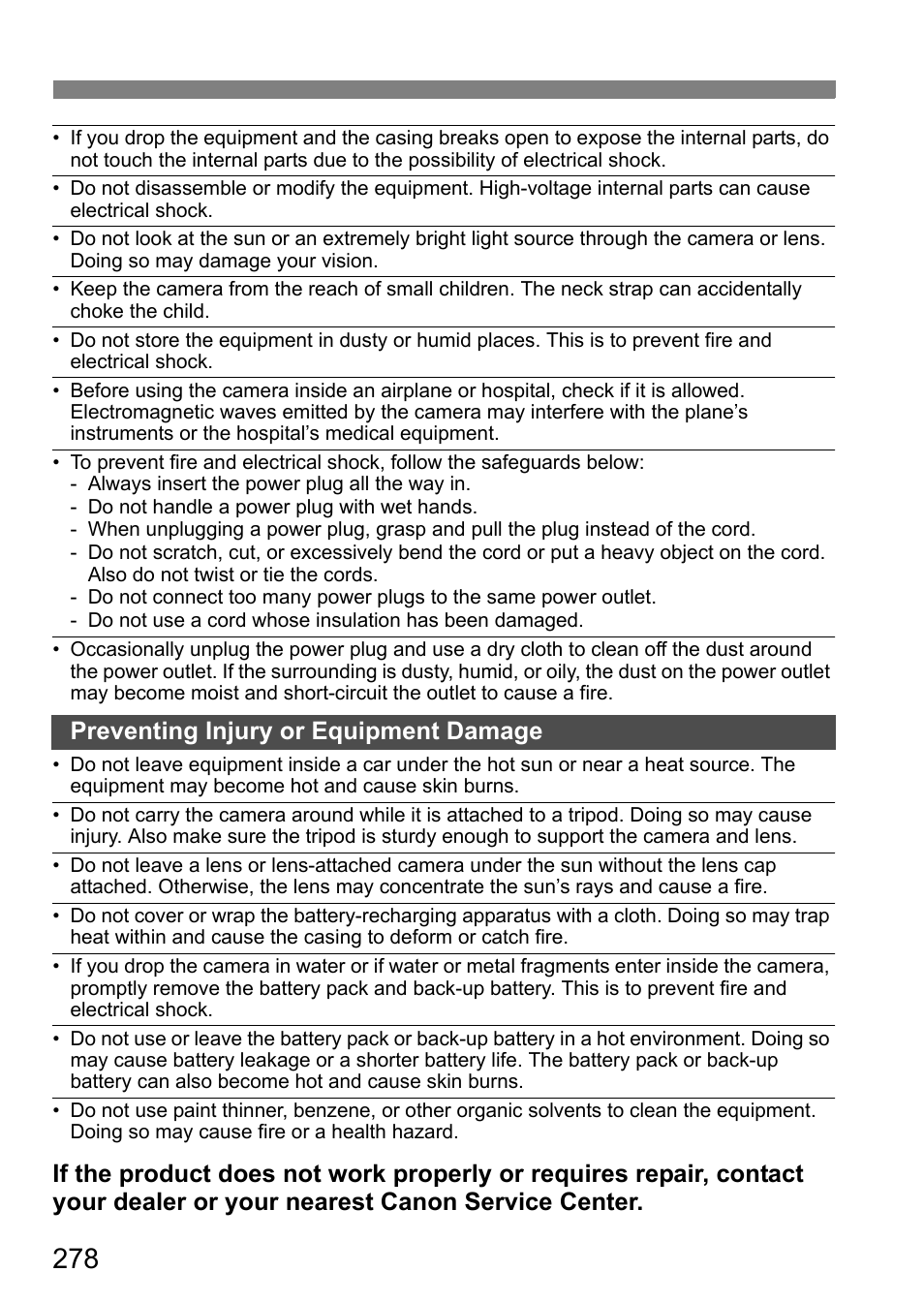 Preventing injury or equipment damage | Canon EOS 7D User Manual | Page 278 / 292