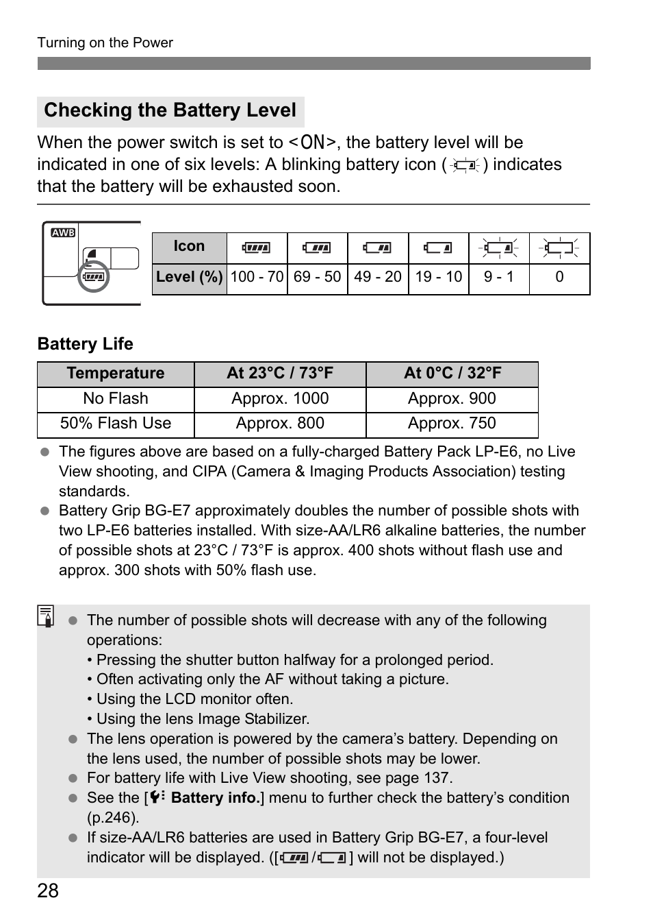 Checking the battery level | Canon EOS 7D User Manual | Page 28 / 292