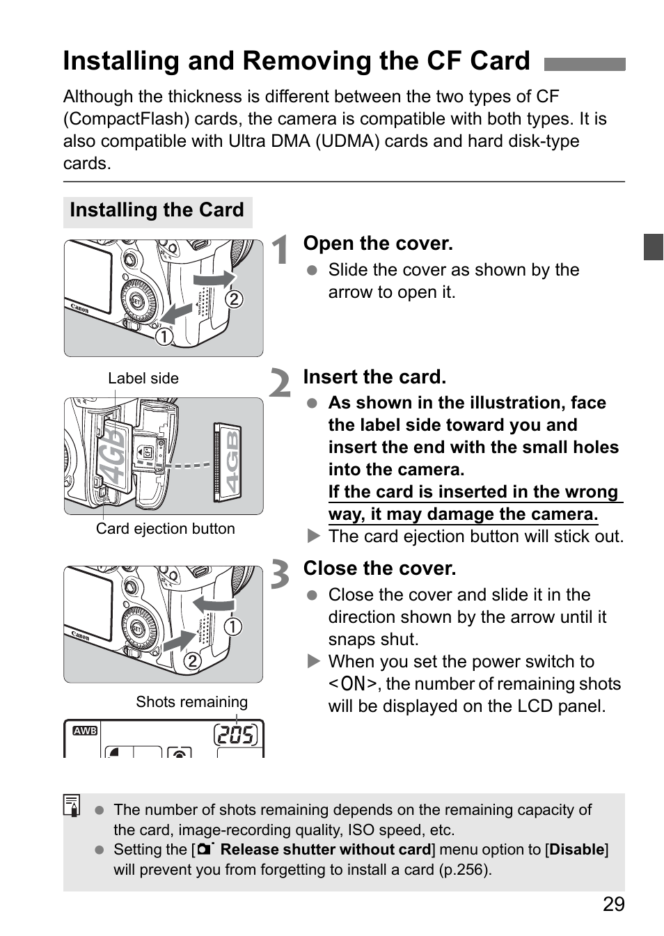 Installing and removing the cf card | Canon EOS 7D User Manual | Page 29 / 292