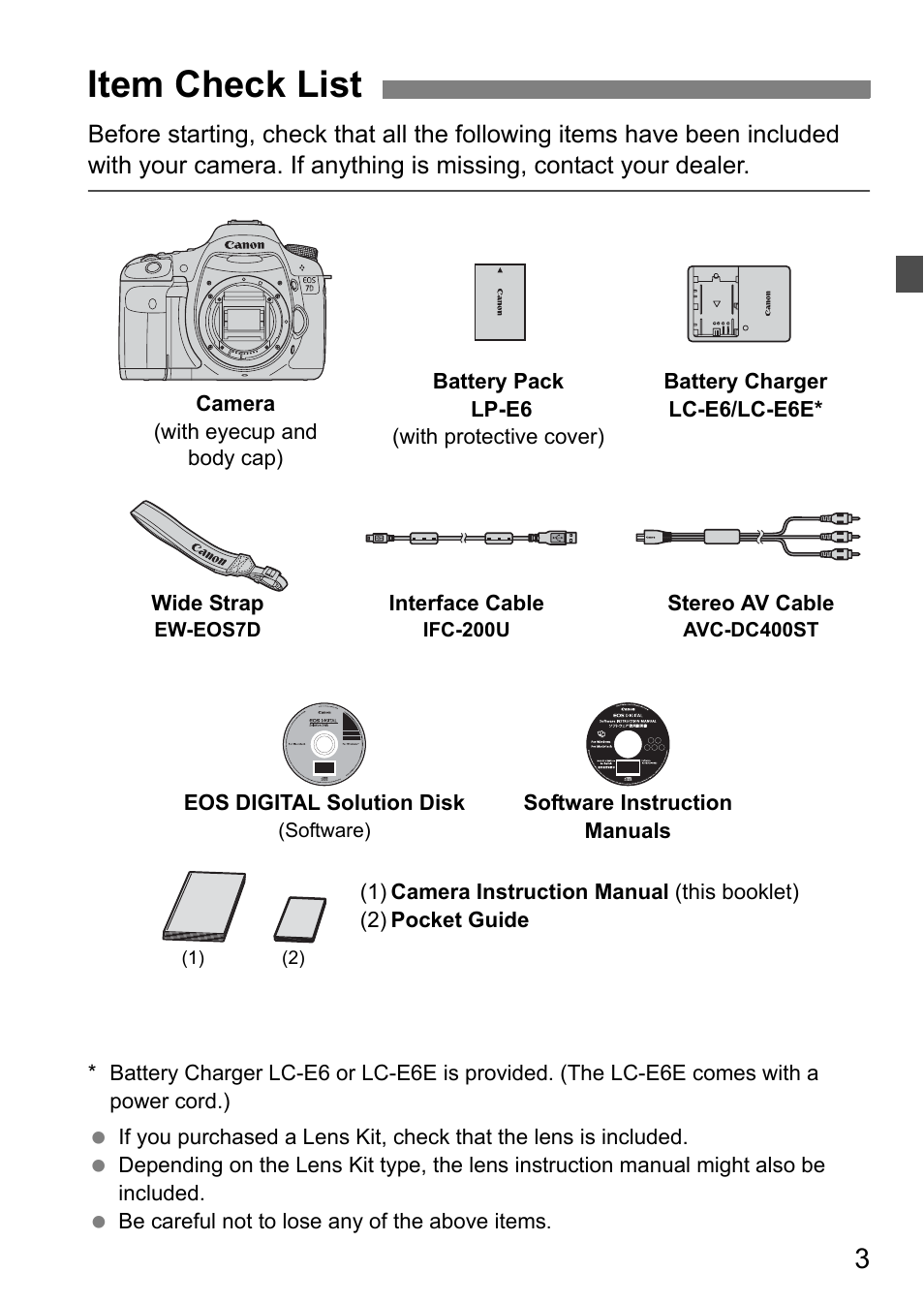Item check list | Canon EOS 7D User Manual | Page 3 / 292