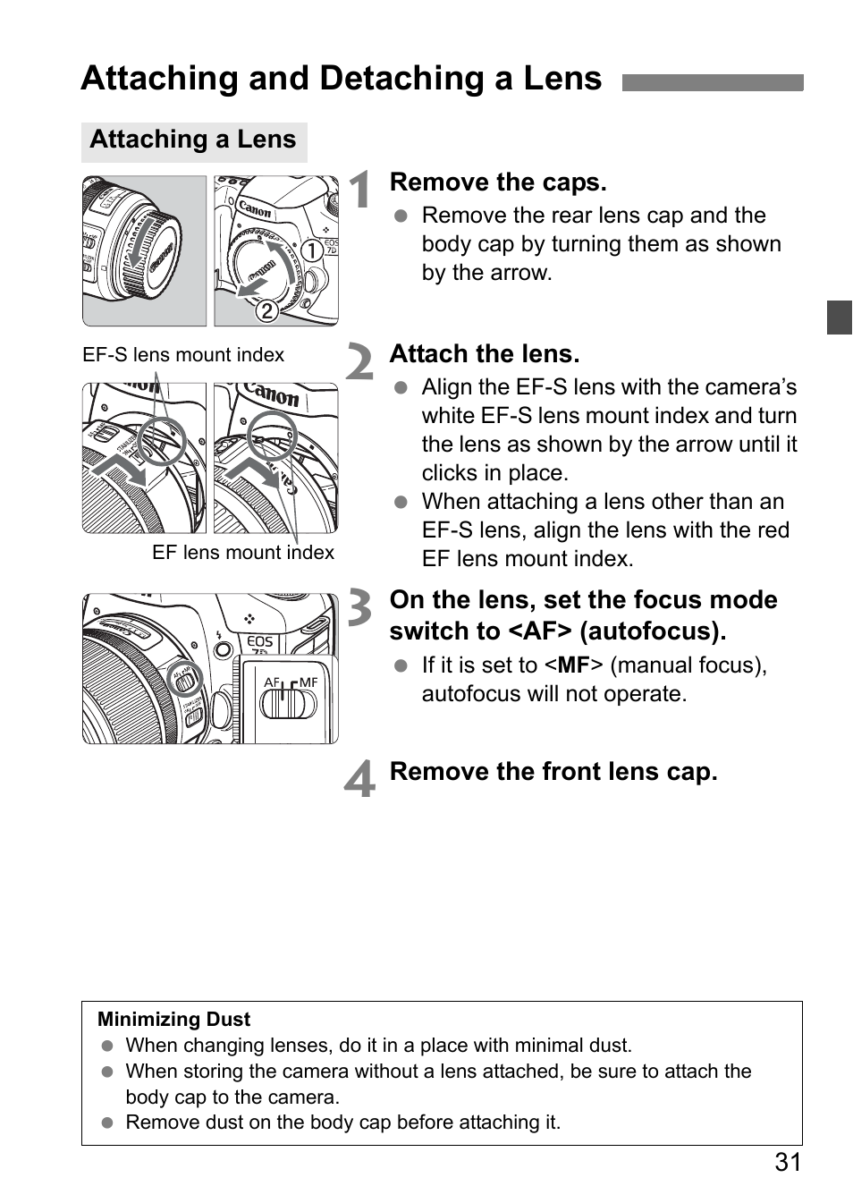 Attaching and detaching a lens | Canon EOS 7D User Manual | Page 31 / 292