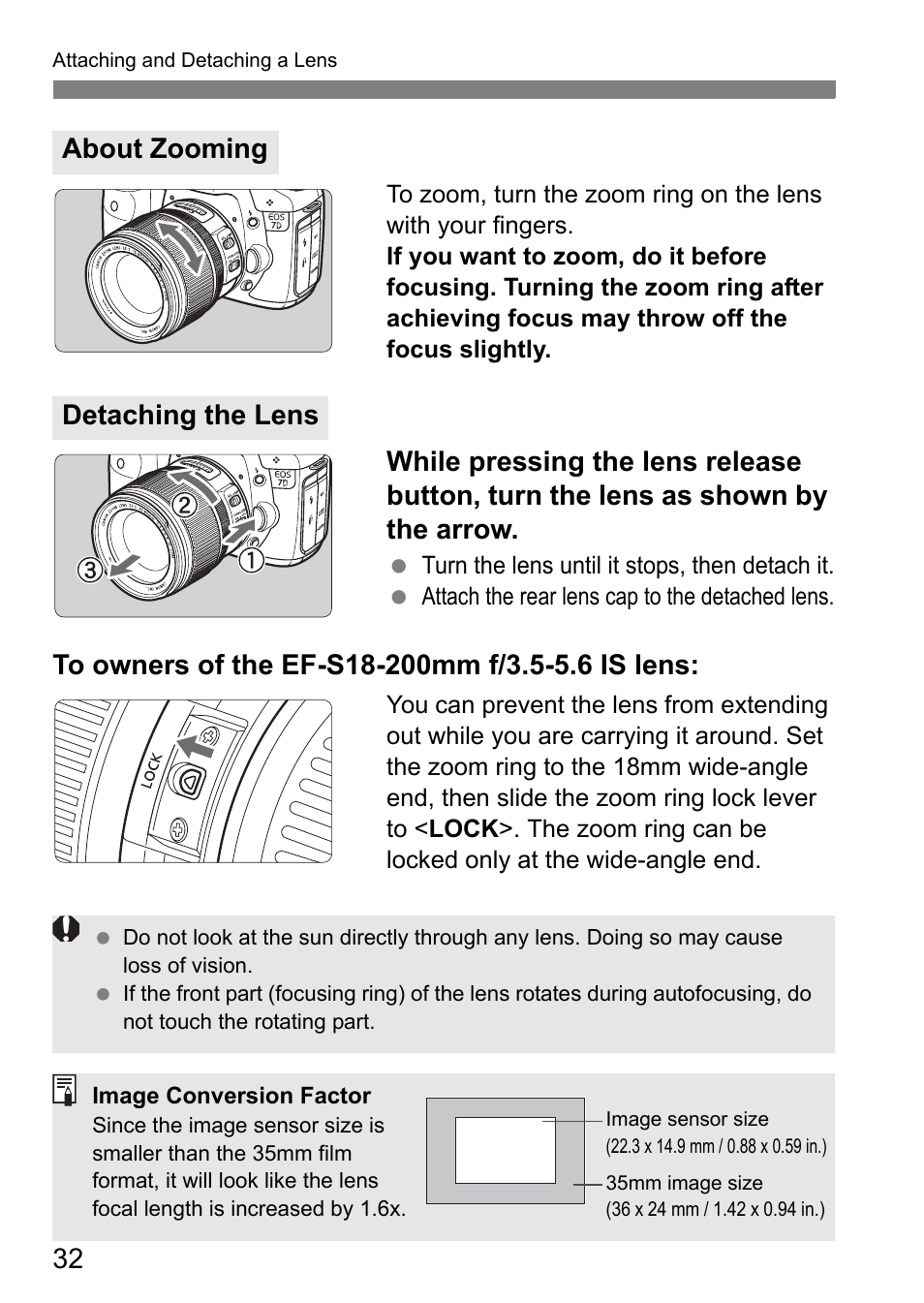About zooming detaching the lens | Canon EOS 7D User Manual | Page 32 / 292