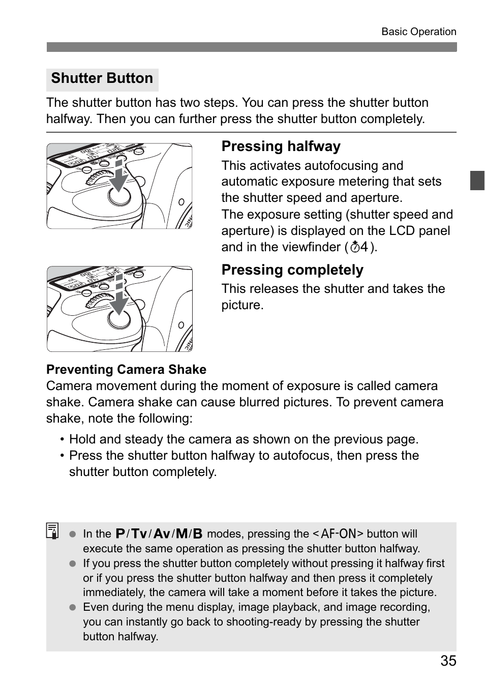 Pressing halfway, Pressing completely, Shutter button | Canon EOS 7D User Manual | Page 35 / 292