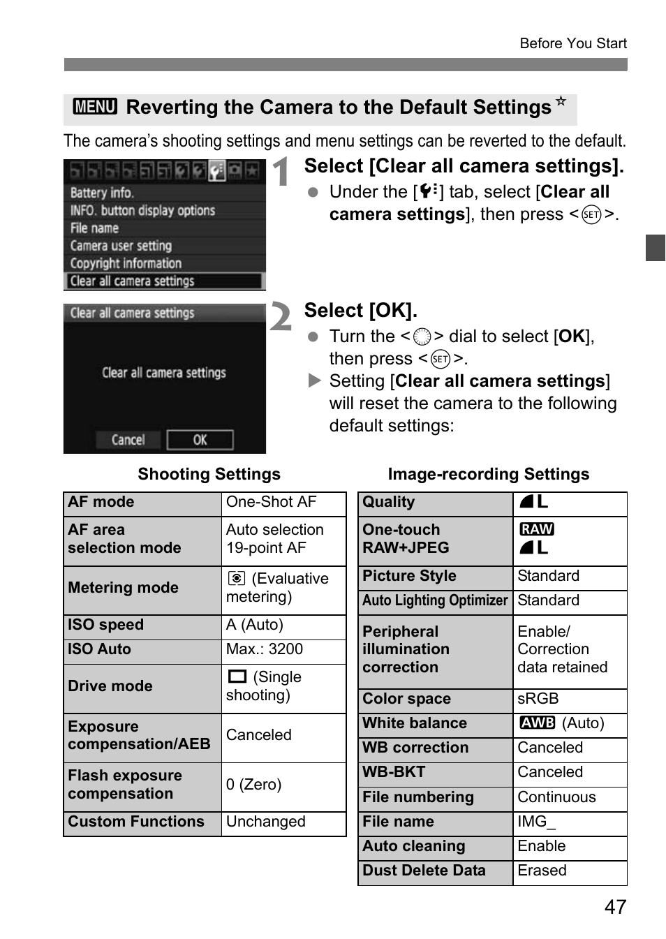 Select [clear all camera settings, Select [ok, 3reverting the camera to the default settings n | Canon EOS 7D User Manual | Page 47 / 292