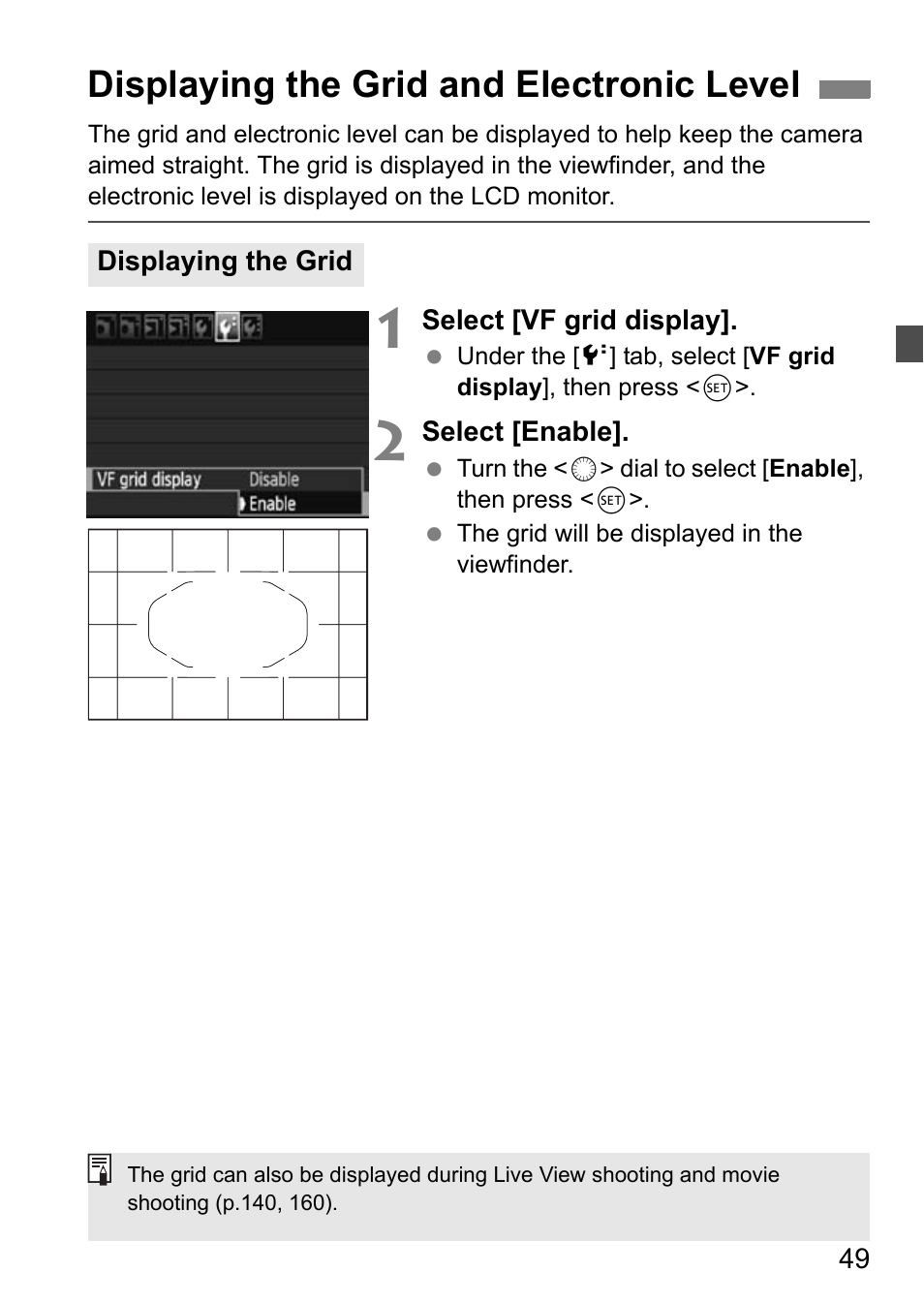 Displaying the grid and electronic level | Canon EOS 7D User Manual | Page 49 / 292