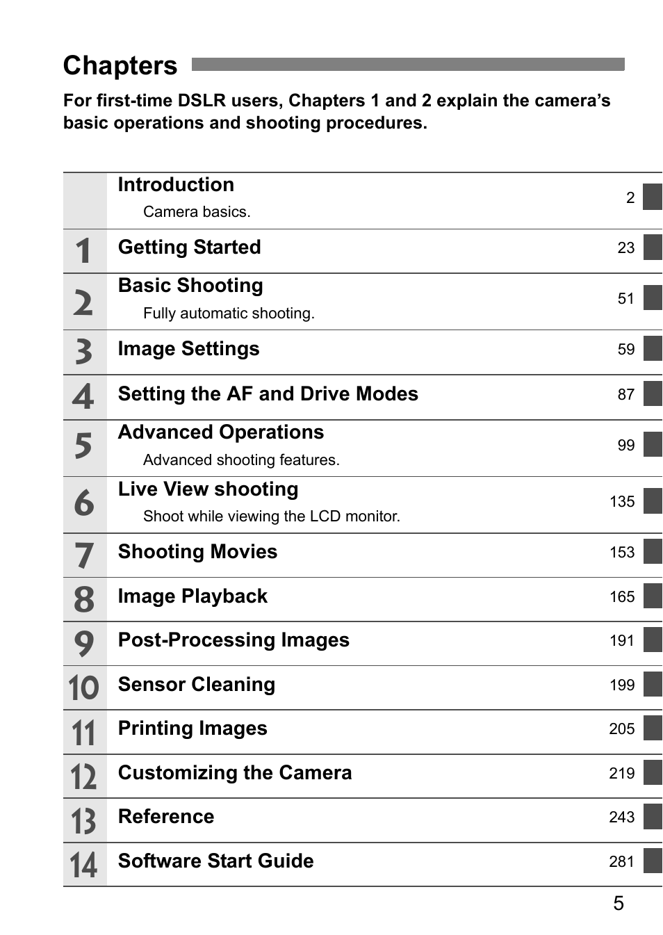 Chapters | Canon EOS 7D User Manual | Page 5 / 292