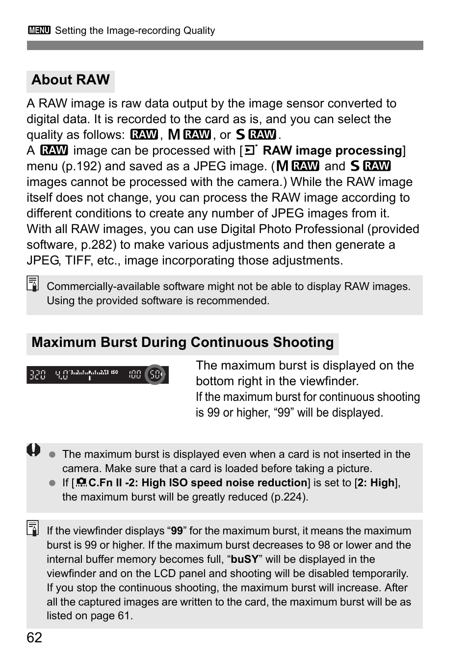 About raw maximum burst during continuous shooting | Canon EOS 7D User Manual | Page 62 / 292