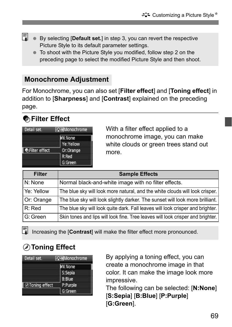 Kfilter effect, Ltoning effect, Monochrome adjustment | Canon EOS 7D User Manual | Page 69 / 292