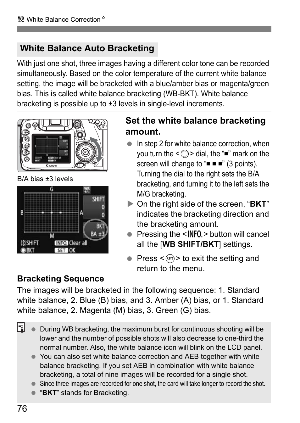 Set the white balance bracketing amount, White balance auto bracketing | Canon EOS 7D User Manual | Page 76 / 292