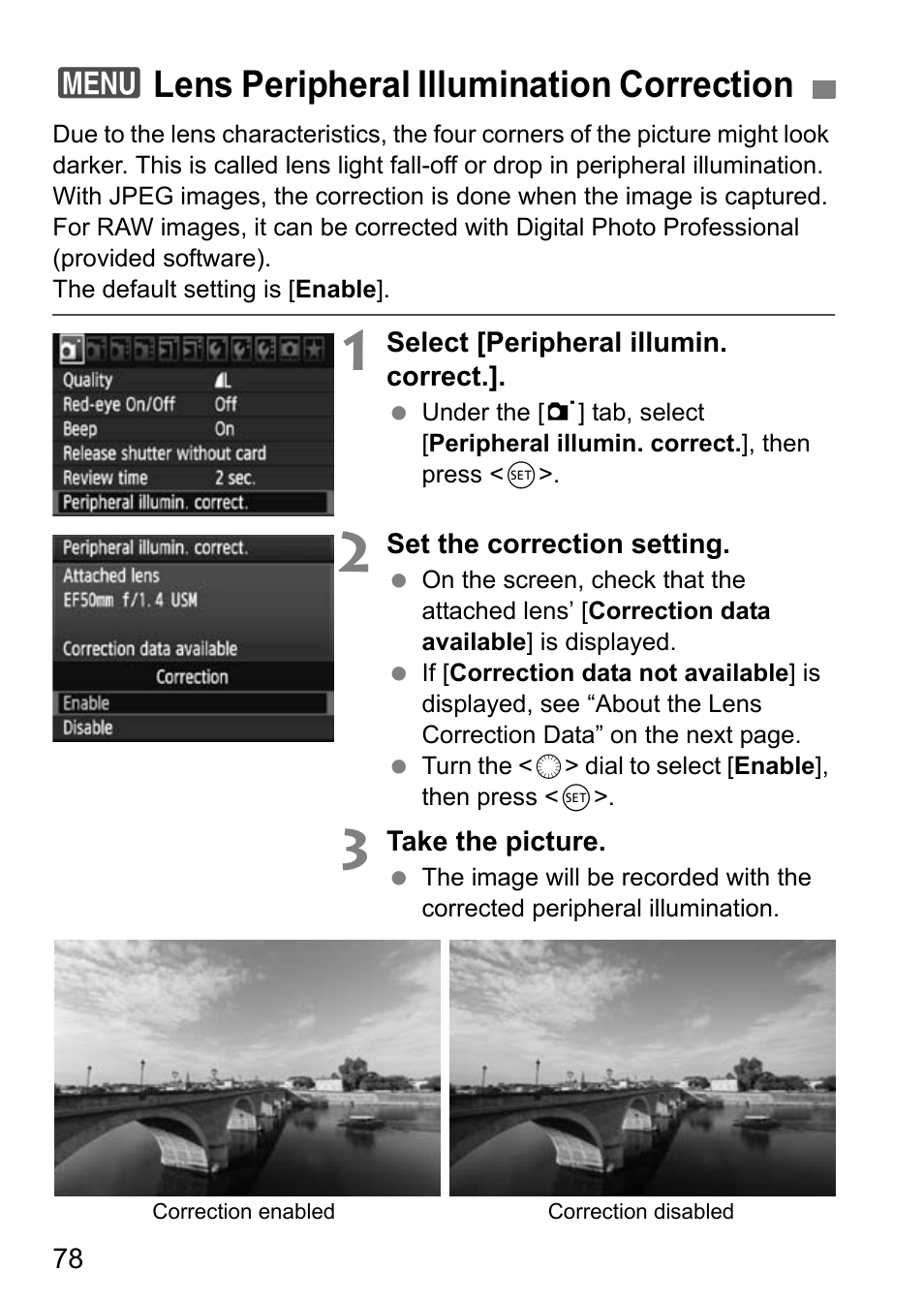 3lens peripheral illumination correction | Canon EOS 7D User Manual | Page 78 / 292